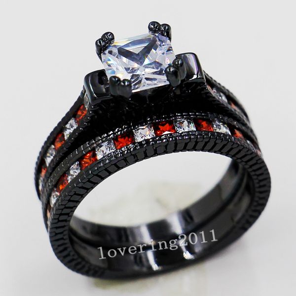 Tamanho 5-11 Jóias da moda retrô 14kt ouro preto cheio de granada vermelha multipedra Cz diamante simulado feminino conjunto de anel de noivado de casamento