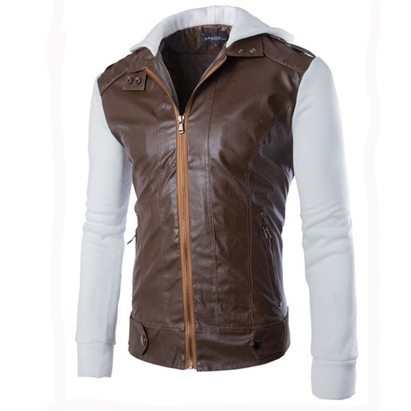 

new arrive mens pu leather jacket and coats splice long sleeve hoodies outerwear men warm outdoors jackets plus size m-xxl, Black;brown