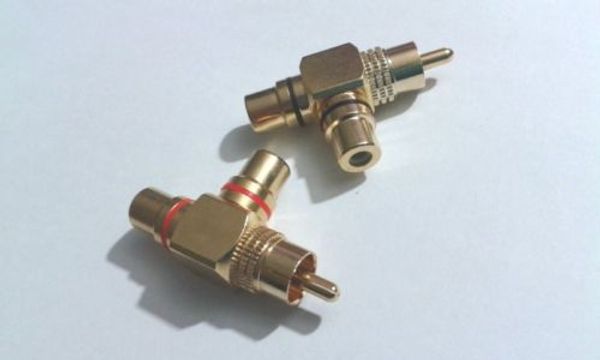 20 pcs cobre banhado a ouro 1 macho para 2 fêmea RCA Splitter conector de vídeo AV