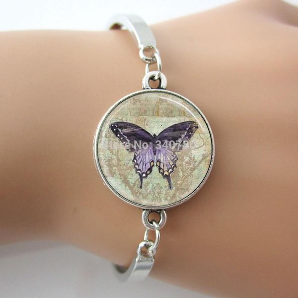 

vintage purple butterfly bracelet,glass tile pendant bangle,silver-plated charm 2016 new women bangle,sell jewelry gl005, Golden;silver