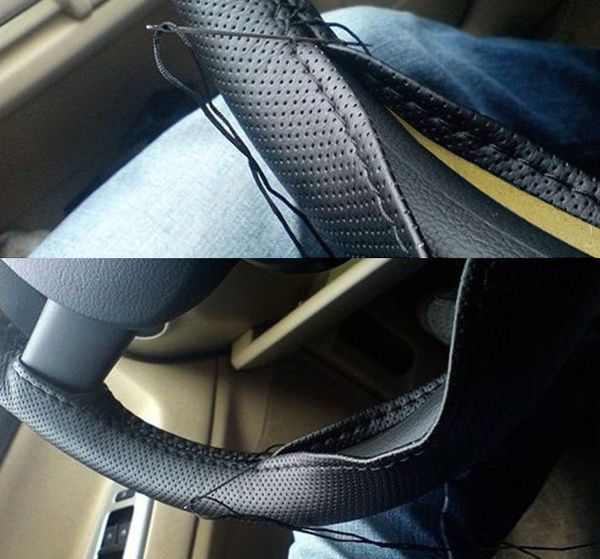 

black leather hand-stitched car steering wheel cover for peugeot 307