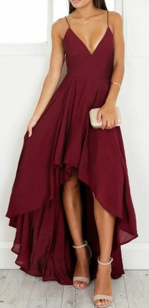 

burgundy chiffon evening dress spaghetti zipper back hi lo prom gowns royal blue evening gowns bridesmaid dress real picture, Black;red