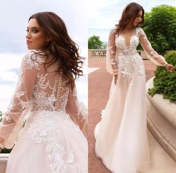 

vintage a line wedding dress lace appliqued v neck floor length puff sleeves custom made wedding dresses bridal gowns, White