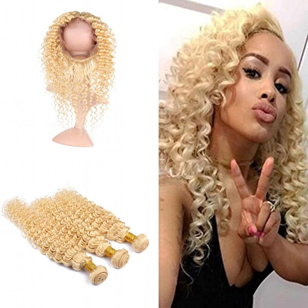 

blonde 613 deep curly human hair wefts with 360 closure pre plucked 360 frontal with virgin deep wave hair 3 bundles extension, Black;brown