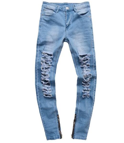 

mens strech ripped biker jeans skinny distressed kanye west designer distrressed brand hip hop streetwear swag pants, Blue