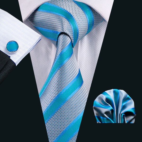 

silk tie set for men blue stripe hankerchief cufflinks jacquard woven mens tie set wedding business work formal n-0568, Black;blue