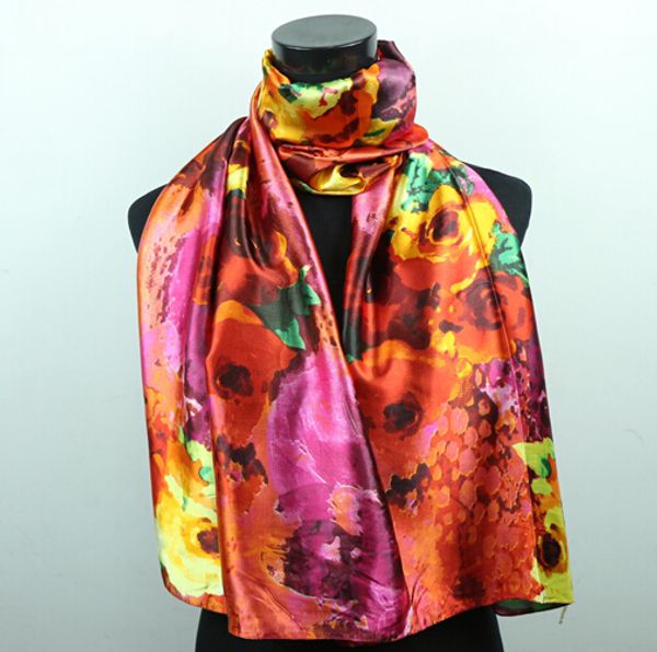 

1pcs volcano color flower yellow flowers scarves women's fashion satin oil painting long wrap shawl beach silk scarf 160x50cm, Blue;gray