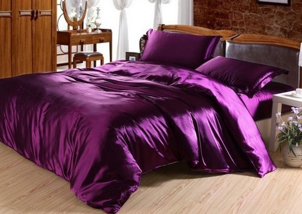 Dark Purple Satin Silk Bedding Set California King Quilt Duvet