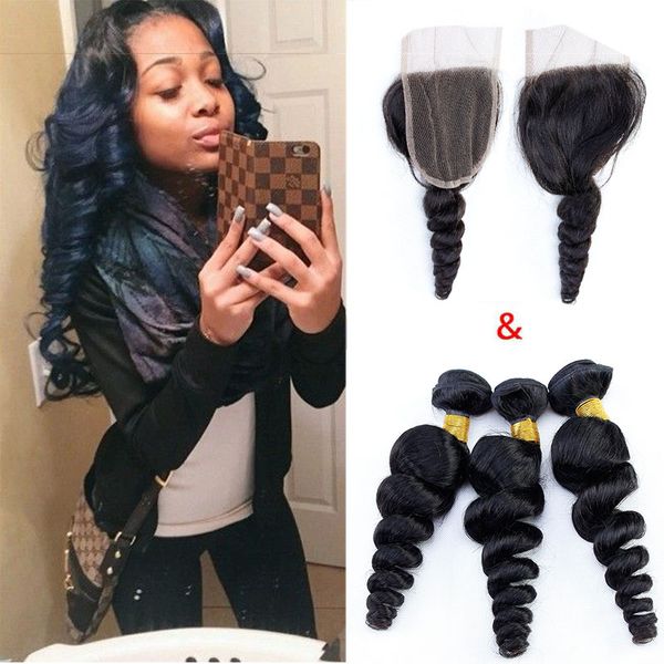 

lace closure with brazilian virgin hair 3 bundles loose wave human hair weave with closure brazilian malaysian peruvian hair extension, Black;brown