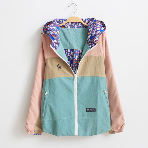 

wholesale- stitching cartoons floral color block varsity jackets 2 colors reversible colorant match long-sleeve short jacket, Black;brown