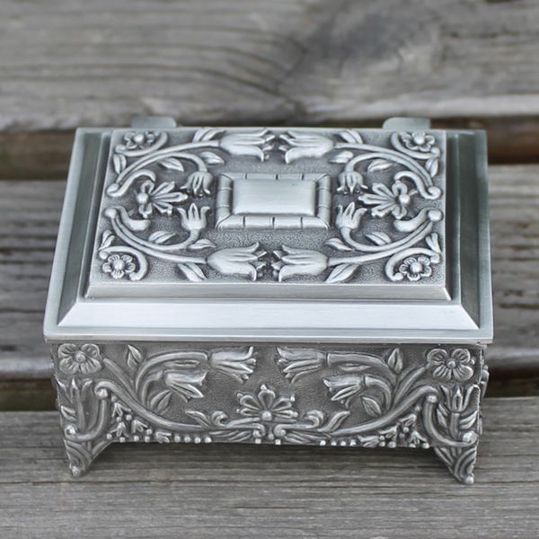 Pewter banhado flor gravado caixa de jóias em metais, o zinco caixa de presente liga de bugiganga, caso agradável jóias