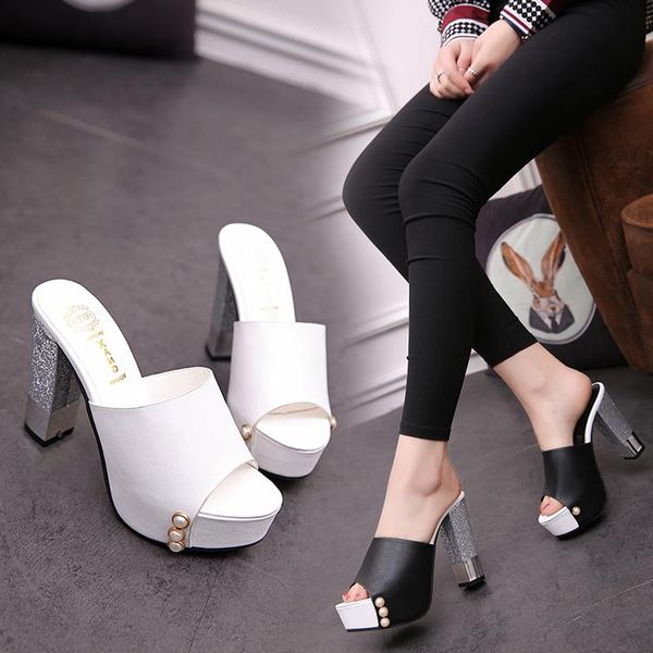 

fashion shoes outside wear high heels female rough with summer cool slippers wild 2017 spring and summer new in the sandals, Black
