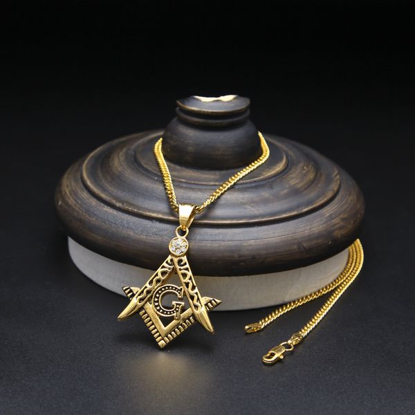 Mens Cubic Zirconia Freemason Symbol Maçônica de Aço Inoxidável Colar de Pingente com 3mm 24 polegada Cuba Cadeia, colar de Prata de ouro