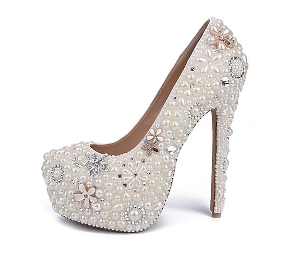 Branco Pérola Sapatos de Casamento Atacado Novo Flor Bela Flor Strass Sapatos Noiva Plataforma Alta Bombas Grandes Bombas