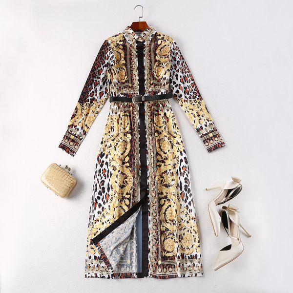 

european and american women's wear in 2018 the new spring clothing runway looks lapel long-sleeved floral dresses, Black;gray