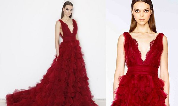 

burgundy tiered sweep train skirt marchesa dresses evening wear 2019 v-neck backless dubai arabic special occasion prom dresses, Black