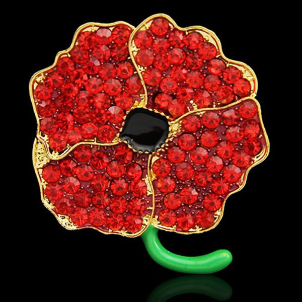 Sparkling Red Crystal Poppy Flower Pins Spille Regno Unito Fashion Memorial Day Regalo Distintivi Pin Brocce di alta qualità Jewerly Accessori