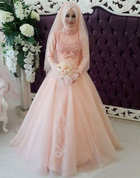 Novo Pêssego Muçulmano Vestidos de Casamento de Alta Neck A Linha de Organza Do Casamento De Noiva Vestidos de Manga Longa Robe De Mariée 2015-Casamento-Vestidos Frisado Vestido