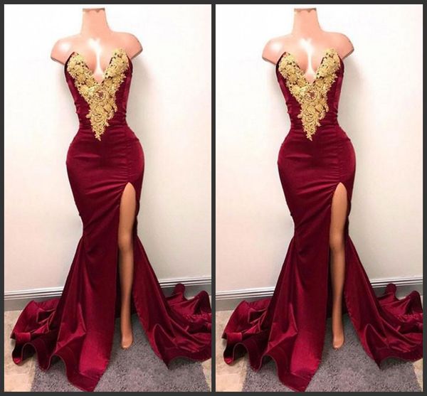 

2019 новый сексуальный арабский бордовый выпускного платья вечернее платье золотые кружева аппликация русалка сплит сплит 2017 элегантные ве, Black;red