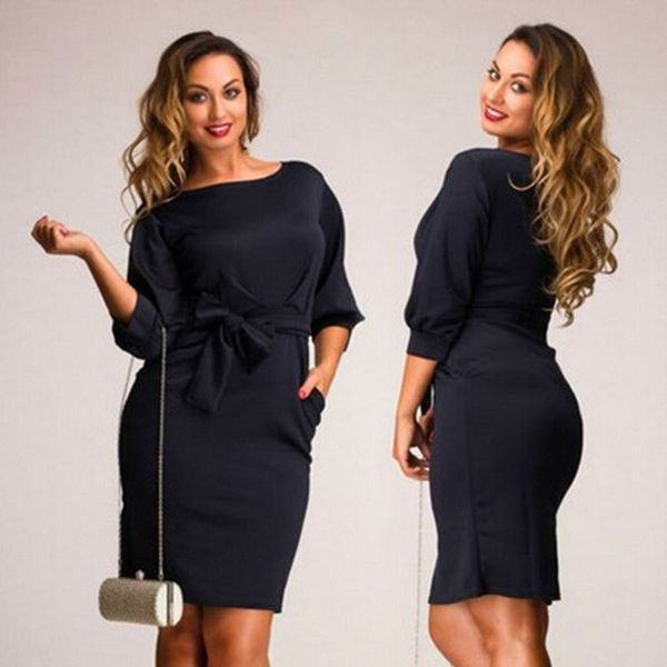 Atacado-XL-5XL 2016 tamanho Outono Big Além disso Vestido Mulheres Office Work Casual Bodycon Mulher Elegante formal do partido de lápis Vestidos Vestidos 4XL