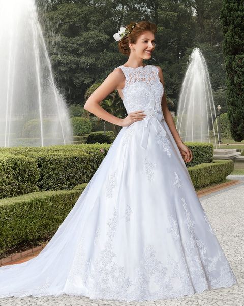 

new jewel lace a line wedding dresses 2018 with appliques beaded sash court train wedding bridal gowns, White