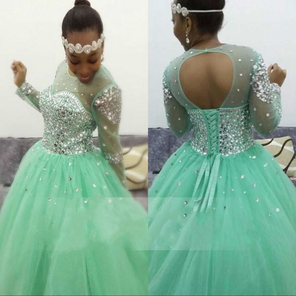 Glitzerndes Ballkleid-Abschlussballkleid in Mintgrün, bauschiger Tüll, transparenter Juwelenausschnitt, lange Ärmel, Abendkleid, Korsett, Sweep-Zug