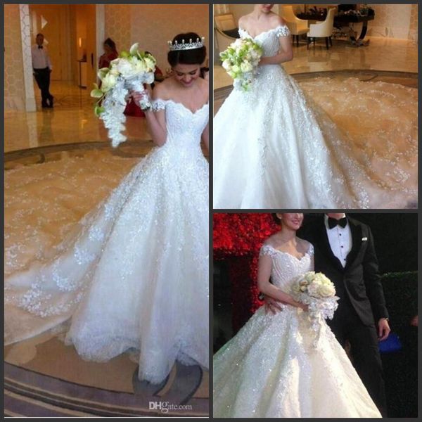 

vestido де новия старинные роскошные саудовская аравия бальное платье свадебные платья 2018 новый сексуальный с плеча бисером кружева апплик, White