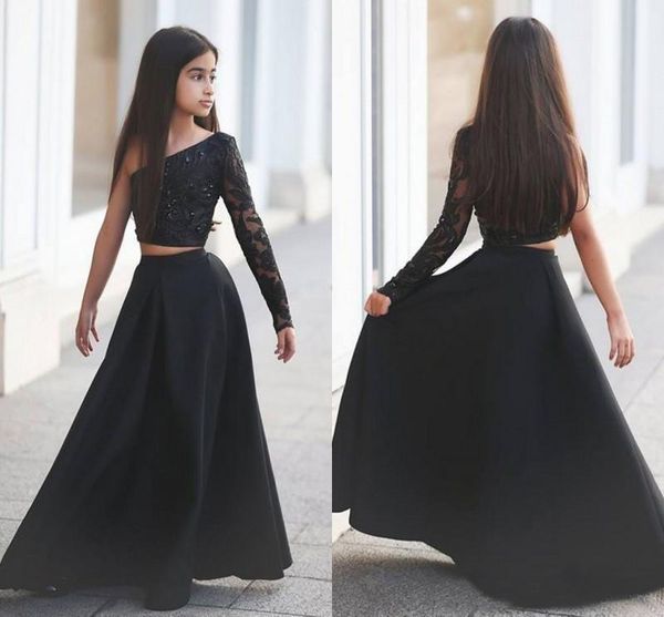 

2017 Custom Pageant Dresses for Teens Cute Beaded Lace Applique Sheer Long Sleeve Black A Line Two Pieces Girls Party Gowns Fast Shipping