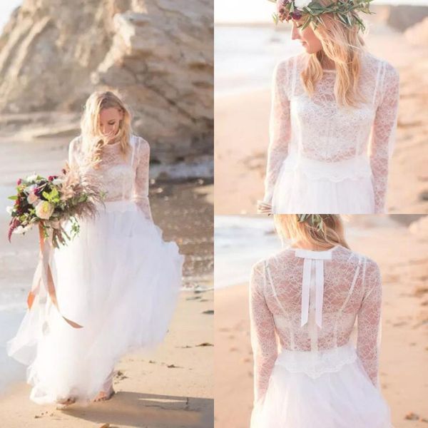 

bohemian beach long sleeve wedding dresses 2017 romantic crew sheer lace and tulle long boho bridal gowns custom made china en11063, White
