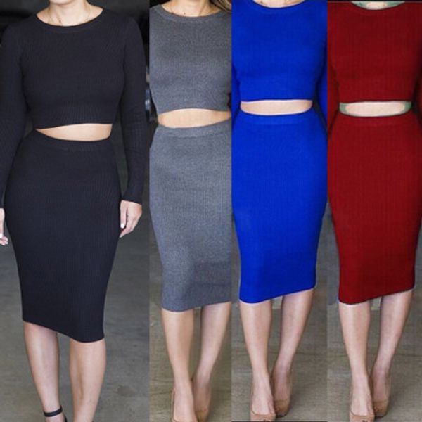 

night club party dress two piece women bodycon dress winter crew neck knitted long sleeves slim fit knee length lady dress, Black;gray