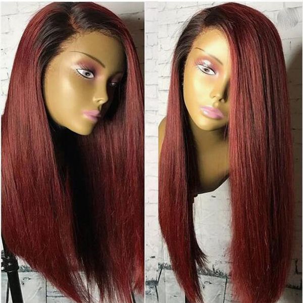 Glueless Short Red Ombre Straight Lace Front Bob Human Hair Wigs