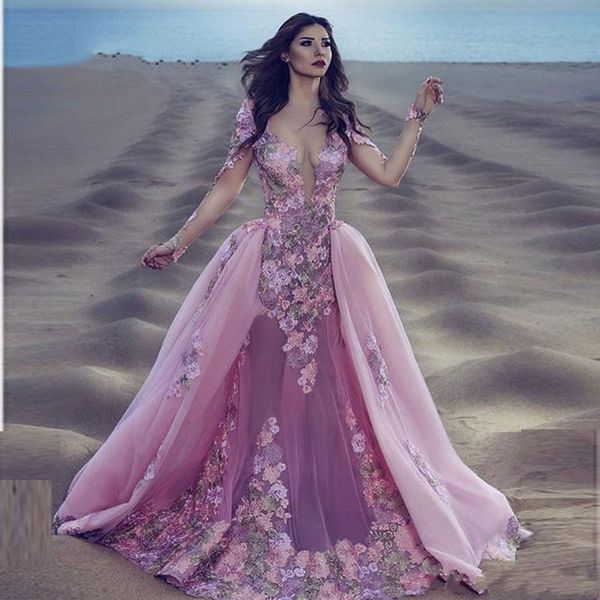 2018 Neue Sexy Burgund Rosa Spitze Langarm Meerjungfrau Gala Ballkleid Abnehmbarer Abnehmbarer Rock Indische Blumen Prom Abendkleider 252