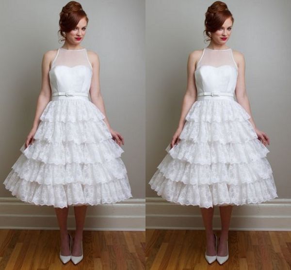 

long sleeve lace knee length wedding dresses sheer neck hollow a line applique lace vintage white bridal gowns 2016 robe de mariage