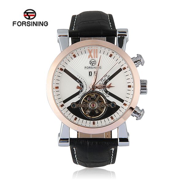

wholesale-forsining wrap mens watches automatic watch golden case calendar male clock black mechanical watch, Slivery;brown