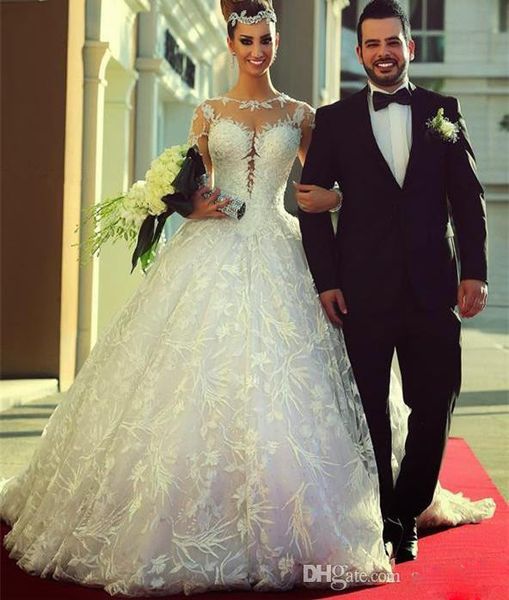 

lace wedding dresses 2021 bridal gowns long sleeves vintage wedding gowns with lace appliques sheer back royal princess gowns, White