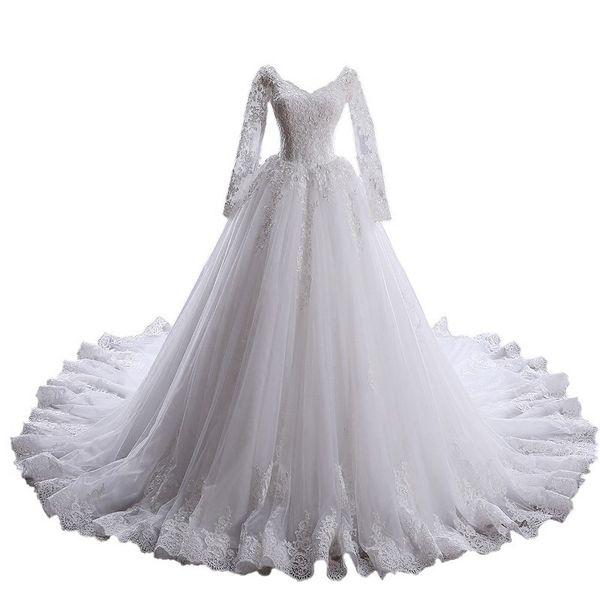 2018 modeste col en V embelli une ligne robe de mariée en dentelle pour la mariée manches longues appliques dentelle tulle ruché robe de mariée robes de mariée