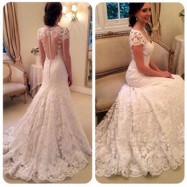 

2020 sweetheart short sleeve lace mermaid wedding dress see through back appliques floor length bridal gowns vestidos de novia, White