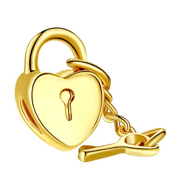 

мода 14k позолоченные бусины с сердечным шармом с ключевыми подвесками fit snake chain bracelets big hole diy fine jewelry valentine gift k7, Bronze;silver