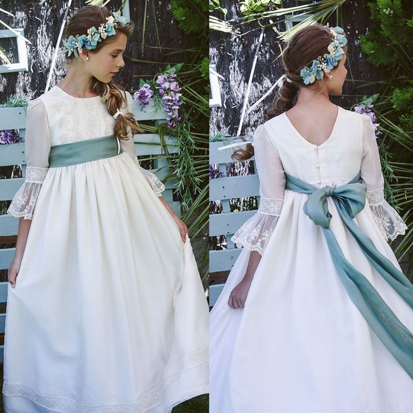 Abiti da ragazza di fiori in pizzo francese romantico 2019 vestidos primera comunion para ninas 3/4 maniche lunghe collo gioiello fascia di colore diverso