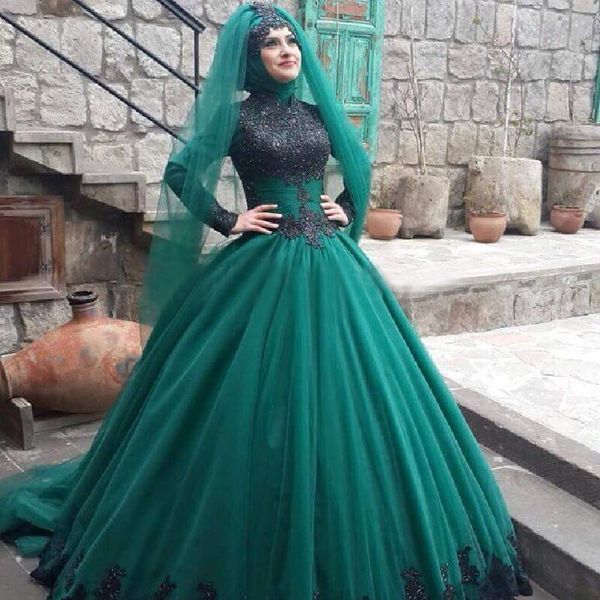 Elegantes türkisfarbenes Abrabia-Muslim-Abendkleid, Stehkragen, Ballkleid, lange Ärmel, Ballkleider, Applikation, Spitze, Hijab, Dubai-Kleider, Partyabend