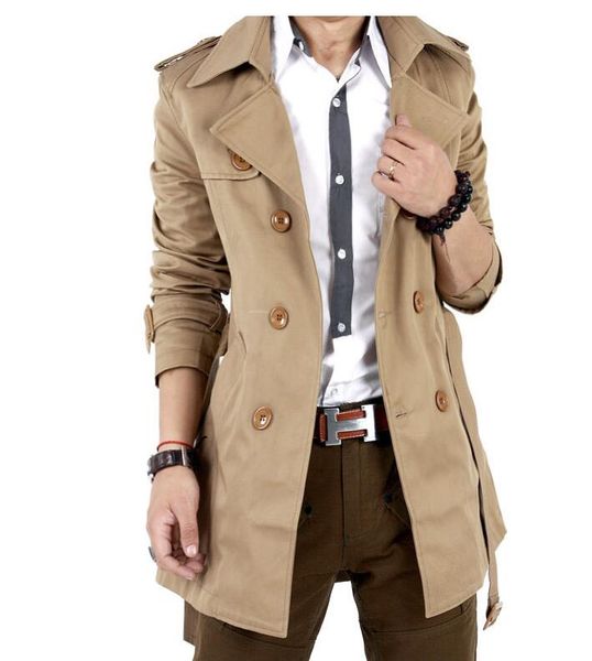 

wholesale- trench coat men classic men's double breasted trench coat masculino mens clothing long jackets & coats british style overcoa, Tan;black