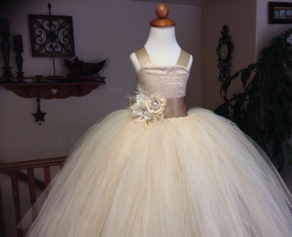 Alta Qualidade Vestidos Da Menina de Flor Branca 2015 Cintas de Espaguete Princesa Meninas Vestidos Pageant Crianças Wedding Party Gown