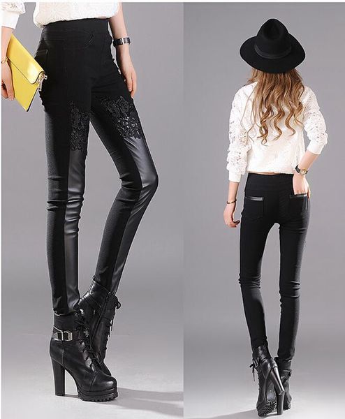 

хан издание противостоит подлинной моде женщин новый зимний теплый показ высокой талии сращивания стрейч узкие кожаные штаны. s - 2xl, Black;white