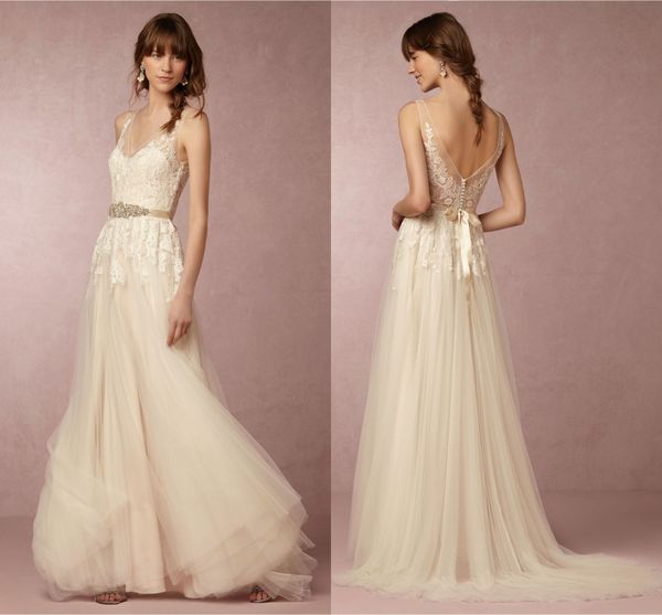 

2021 lace wedding dresses elegant v-neck sleeveless appliques lace a-line beach wedding dress with sash custom made, White
