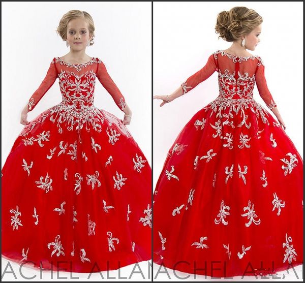 Fantástico elegante vermelho mangas compridas vestidos de concurso de meninas frisadas Little Rachel Allan Werbowy vestido para concurso HY1132