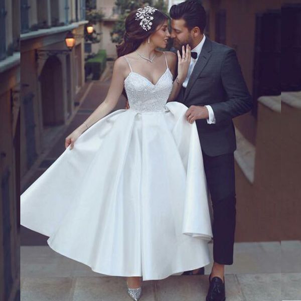 

arabic ankle length wedding dress a line spaghetti straps lace appliques custom made satin bridal gowns, White