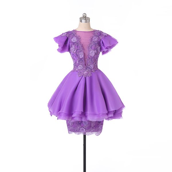 

модные короткие платья возвращения на родину jewel neck с коротким рукавом аппликации кружева из органзы a-line мини платья выпускного вечер, Blue;pink