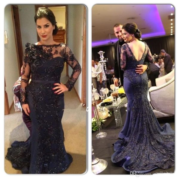 

navy blue lace beaded party arabic dubai sheer long mermaid evening dresses plus size long sleeves formal party gowns mother dresses, Black;red