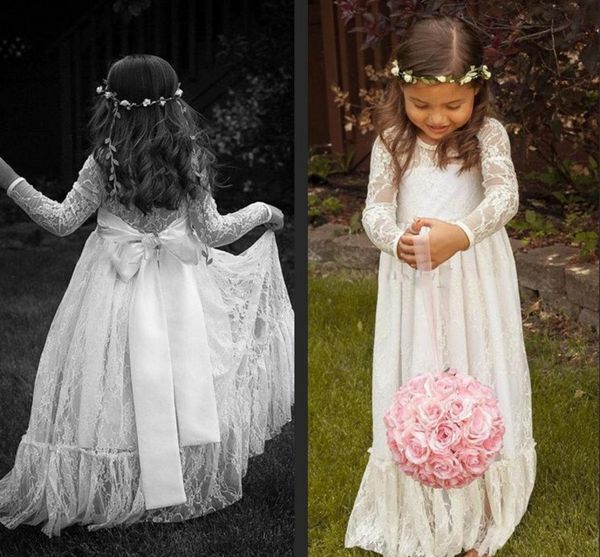Long Sleeve Flower Girl Dresses Ruffled Lace Handmade Vintage Formal Gowns Princess Special Pregnant Dress