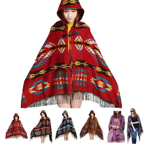 

wholesale-women lady vintage hooded cloak cape bohemian fringed shawl scarf, Blue;gray